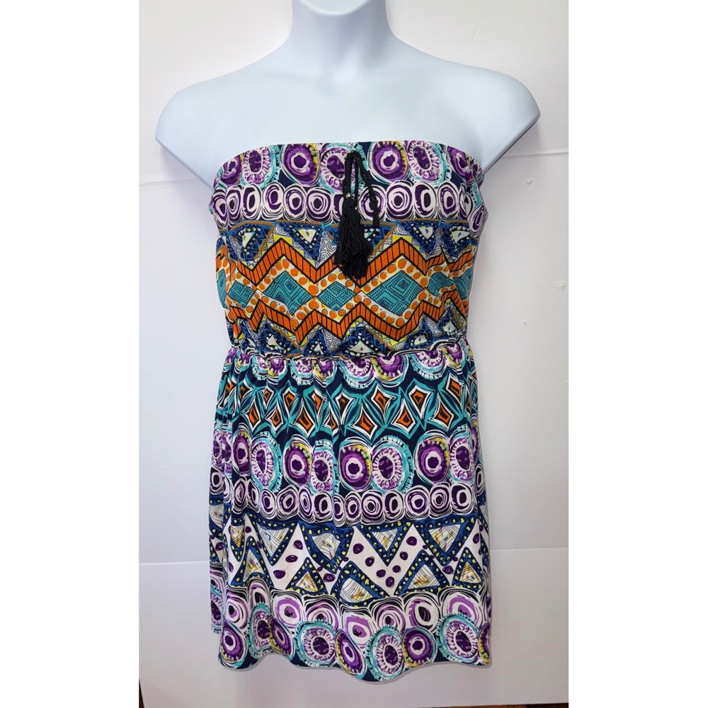 Chesley Strapless Elastic Waist Aztec Sz M Fun Mini Dress Boho Summer Beach Y2K